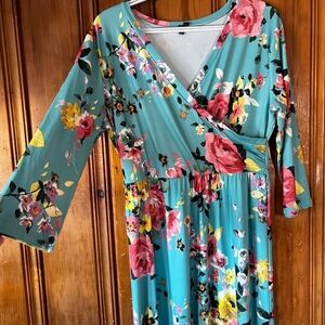 Floral Wrap Dress in Teal and Pink